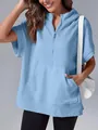 Close-up of women's light blue short sleeve half-zip hooded sweatshirt with pocket - S / Tops / Sky Blue