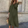 Close-up of olive green cotton linen maxi dress with V-neck and buttons - Army Green