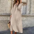Full view of casual long sleeve V-neck cotton linen maxi dress in a warm beige tone - Khaki