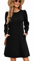 Detailed view of women's black knitted dress showing puff sleeves and fine ribbed material texture - S / Tops / Black