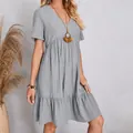 Casual grey short-sleeved V-neck tiered dress with textured fabric - S / Tops / Light Grey (24#)