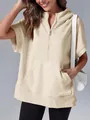 Close-up of beige short-sleeve hoodie featuring half-zip and front kangaroo pocket detail - S / Tops / Apricot