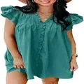 Teal summer dress featuring a stylish V-neck design with elegant ruffle sleeve details - S / Dresses / Malachite green