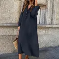 Detailed view of women's navy blue cotton linen long sleeve V-neck buttoned maxi dress - S / Tops / Navy Blue