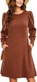 Close-up view of a rust brown ribbed knit mini dress with puff sleeves and side pockets - S / Tops / Caramel color