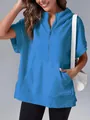 Close-up of women's blue half-zip short sleeve hooded sweatshirt with kangaroo pocket - S / Tops / Blue
