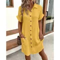 Women's casual yellow button-down cotton linen shirt dress with pockets for summer fashion - S / Dresses / Yellow