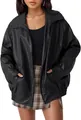 Detail of women's oversized black faux leather biker jacket shown on a fashion model. - S / Tops / Black