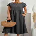Elegante vestido midi de algodón y lino gris carbón con bolsillos laterales y cintura fruncida - Gris oscuro