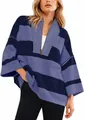 Relaxed oversized women's striped half-zip sweatshirt with a casual V-neck design - Tops / Blue and Navy / S