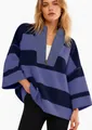 Lässiges gestreiftes Damen-Oversize-Sweatshirt mit halbem Reißverschluss und V-Ausschnitt - Oberteile / Blau und Marine / S