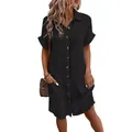 Summer casual black cotton linen short sleeve shirt dress with buttons and pockets - S / Dresses / Black