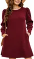 Close-up of a stylish burgundy knitted dress featuring chic puff sleeves and side pockets. - S / Tops / Burgundy