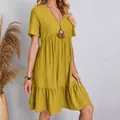 Yellow bohemian summer short sleeve V-neck flared casual dress with pleated fabric texture - S / Top And Bottom / Yellow