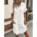 Casual white cotton linen button-down shirt dress for women's summer fashion style - S / Dresses / White