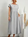 Elegante abito lungo grigio in cotone e lino con tasche, presentato su una modella - Taglia S / Top / Grigio chiaro