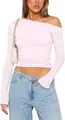 Elegant pink ruched one-shoulder long sleeve crop top for women in sexy slim fit - Pink
