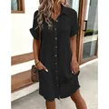 Casual black cotton linen short sleeve shirt dress with button-down front and pockets - S / Top And Bottom / Black