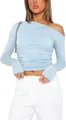 Women's light blue off-the-shoulder ruched cropped long sleeve slim fit sexy top - Light Blue