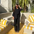 Ensemble deux pièces noir décontracté en coton et lin avec chemise et pantalon large - S / Haut Et Bas / Noir