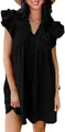 Close-up of black V-neck ruffle sleeve mini dress showing loose fit and fabric texture - S / Dresses / Black