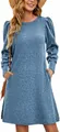 Close-up view of a light blue ribbed knit dress featuring puff sleeves and pockets. - S / Tops / Sky Blue