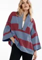 Close-up of women's oversized striped sweatshirt featuring a half-zip V-neck design - Tops / Blue Grey and Dusty Rose / S