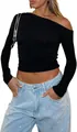 Sexy black off-the-shoulder asymmetrical long sleeve ruched slim fit crop top for women - Black