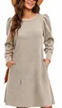 Detailed view of women's beige puff sleeve ribbed knit dress with side pockets - S / Tops / Apricot