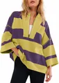 Close-up of an oversized striped half-zip sweatshirt with purple and yellow color blocking. - Yellow Patchwork Purple