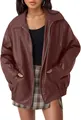 Stylish oversized burgundy faux leather motorcycle jacket for women with front zipper - Dark Red