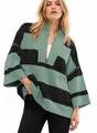Close-up detail of oversized green and black striped half-zip sweatshirt for women - Green & Black