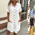 Casual V-neck button-down cotton linen shirt dress with pockets in multiple colors - M / Top And Bottom / White