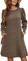 Detail of women's brown knitted mini dress featuring puff sleeves and ribbed texture. - S / Tops / Khaki
