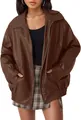 Close-up of oversized brown faux leather motorcycle jacket with elastic hem for women - S / Tops / Coffee