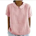 Women's stylish loose pink cotton blouse featuring a classic Peter Pan collar and short sleeves. - Pink