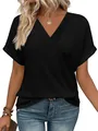 Haut d'été noir élégant pour femme avec col en V et manches chauve-souris - S / Hauts / Noir