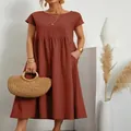 Elegant rust red loose fit cotton linen midi dress with functional side pockets chic - S / Bottoms / Orange