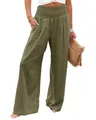Gros plan d'un pantalon large vert olive avec une taille haute smockée. - S / Bas / Vert Militaire