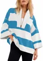 Oversized Damen-Sweatshirt mit blau-weißen Streifen und V-Ausschnitt mit halbem Reißverschluss - Oberteile / Weiß/Himmelblau / S
