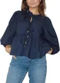 Navy blue puff sleeve blouse featuring stylish front tie closures and round neck design - Dark Blue