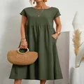 Abito midi casual senza maniche in cotone e lino verde oliva con tasche laterali - Verde militare