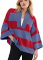 Close-up view of women's oversized red and blue striped half-zip sweatshirt with V-neck - Tops / Red and Blue Stripes / S