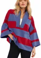 Nahaufnahme des gestreiften Damen-Oversized-Sweatshirts mit halbem Reißverschluss und V-Ausschnitt - Oberteile / Rot-blaue Streifen / S