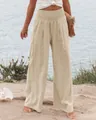 Pantalon décontracté pour femme à taille haute smockée et jambes larges sur la plage. - S / Bas / Blanc Cassé