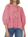 Sweet red and white gingham blouse with bubble sleeves and stylish tie-front detail - Bright Red Plaid