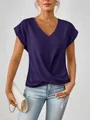 Elegantes tiefviolettes Damen-T-Shirt mit V-Ausschnitt und modischem Knotendetail vorne - Dunkellila