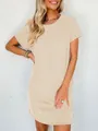 Close-up of women's beige casual wavy striped short-sleeved pocket dress for summer - S / Bottoms / Apricot