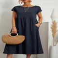 Abito midi casual da donna in cotone e lino blu scuro con pratiche tasche laterali - Blu Notte