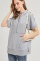 Women's casual grey short-sleeved hooded sweatshirt featuring half-zip and kangaroo pocket - S / Tops / Gray